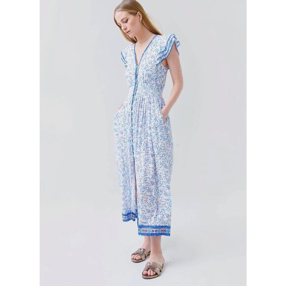 Poupette St. Barth Dresses & Skirts - Poupette St Barth Della Blue Floral Midi Dress Smocked Waist XS